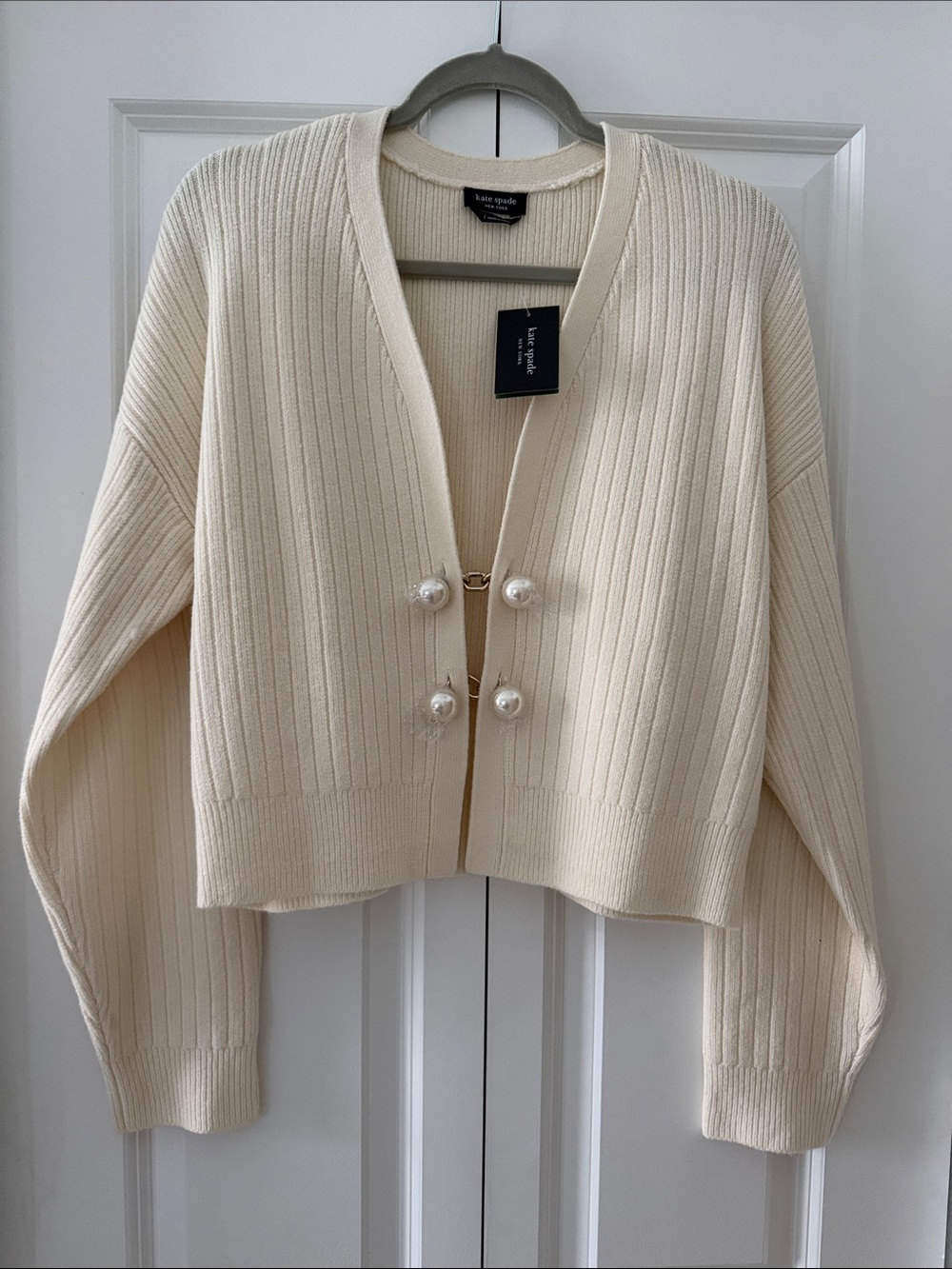 kate Spade Cream Cropped Ribbed Cardigan with Pearl Buttons